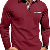 Men's Long Sleeve Polo with Check Collar Detail