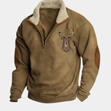 Men's Half-Zip Sweater with Deer Motif and Elbow Patches