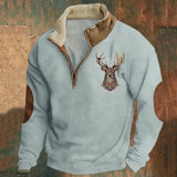 Men's Half-Zip Sweater with Deer Motif and Elbow Patches