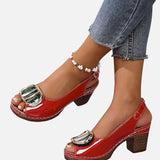 Women's Glossy Leather-Look Ankle Strap Block Heels