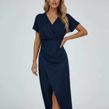 Women's Draped Waist Wrap Midi Dress, V-Neck