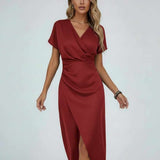Women's Draped Waist Wrap Midi Dress, V-Neck