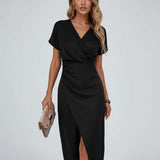 Women's Draped Waist Wrap Midi Dress, V-Neck