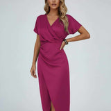 Women's Draped Waist Wrap Midi Dress, V-Neck