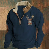 Men's Half-Zip Sweater with Deer Motif and Elbow Patches