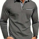Men's Long Sleeve Polo with Check Collar Detail