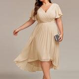 Women's Pleated Wrap Midi Dress with Asymmetric Hem