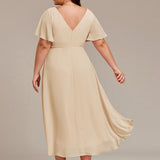 Women's Pleated Wrap Midi Dress with Asymmetric Hem