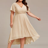 Women's Pleated Wrap Midi Dress with Asymmetric Hem