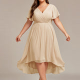 Women's Pleated Wrap Midi Dress with Asymmetric Hem