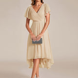 Women's Pleated Wrap Midi Dress with Asymmetric Hem