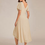 Women's Pleated Wrap Midi Dress with Asymmetric Hem