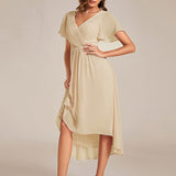 Women's Pleated Wrap Midi Dress with Asymmetric Hem