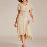 Women's Pleated Wrap Midi Dress with Asymmetric Hem