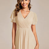 Women's Pleated Wrap Midi Dress with Asymmetric Hem