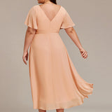 Women's Pleated Wrap Midi Dress with Asymmetric Hem