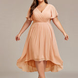 Women's Pleated Wrap Midi Dress with Asymmetric Hem