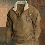 Men's Half-Zip Sweater with Deer Motif and Elbow Patches