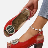 Women's Glossy Leather-Look Ankle Strap Block Heels