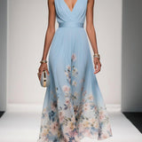 Women's Draped V-Neck Floral A-Line Maxi Dress