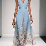 Women's Draped V-Neck Floral A-Line Maxi Dress