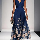 Women's Draped V-Neck Floral A-Line Maxi Dress