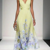 Women's Draped V-Neck Floral A-Line Maxi Dress