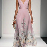 Women's Draped V-Neck Floral A-Line Maxi Dress