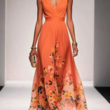 Women's Draped V-Neck Floral A-Line Maxi Dress
