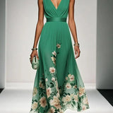 Women's Draped V-Neck Floral A-Line Maxi Dress