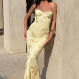 Women's Strapless Floral Lace Maxi Dress