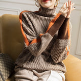 Contrast Sleeve Turtleneck Long Sleeve Pullover Sweater