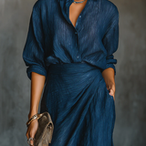 Women's Two-Piece Collared Shirt and Wrap Skirt Set