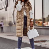 Long Hooded Quilted Puffer Vest, Zip Front