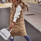 Long Hooded Quilted Puffer Vest, Zip Front