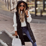 Long Hooded Quilted Puffer Vest, Zip Front