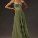 Women's Fitted Pleated Midi Dress, Spaghetti Straps