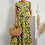 Printed Cap Sleeve Midi Dress