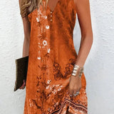 Printed Sleeveless V-Neck Dress