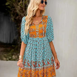 Bohemian Printed V-Neck Mini Dress