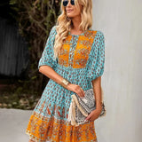 Bohemian Printed V-Neck Mini Dress