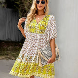 Bohemian Printed V-Neck Mini Dress