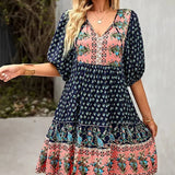 Bohemian Printed V-Neck Mini Dress