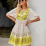 Bohemian Printed V-Neck Mini Dress