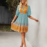 Bohemian Printed V-Neck Mini Dress