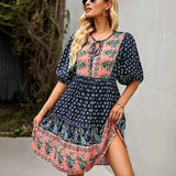 Bohemian Printed V-Neck Mini Dress