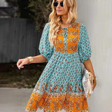 Bohemian Printed V-Neck Mini Dress