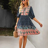 Bohemian Printed V-Neck Mini Dress