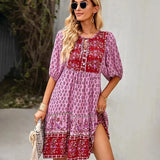 Bohemian Printed V-Neck Mini Dress