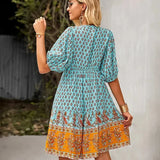 Bohemian Printed V-Neck Mini Dress
